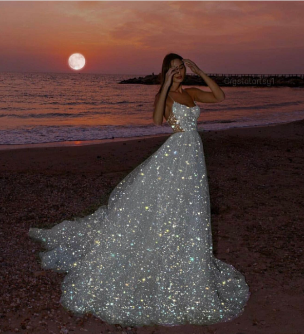 Weißes glänzendes elegantes Spaghettiträger-A-Linien-Abendkleid mit langen Pailletten, Ballkleid, NV1059