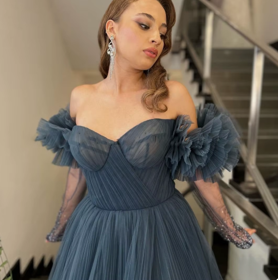 Blue/Pink Tulle Long Ball Gown A Line Evening Dress nv594