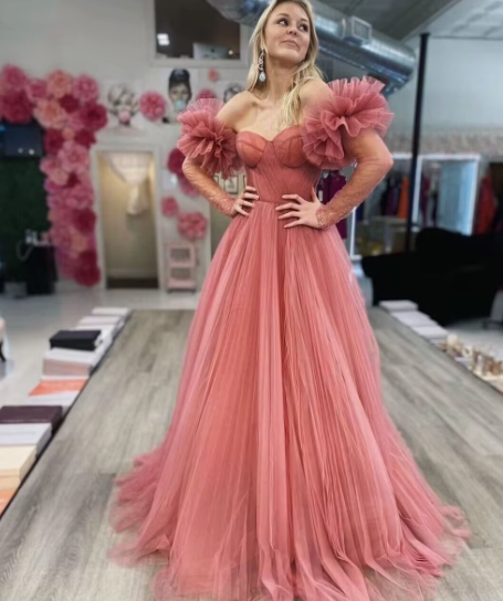 Blue/Pink Tulle Long Ball Gown A Line Evening Dress nv594