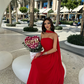 Rotes elegantes schulterfreies langes Chiffon-Ballkleid Abendkleid Hochzeitsgastkleid nv2617