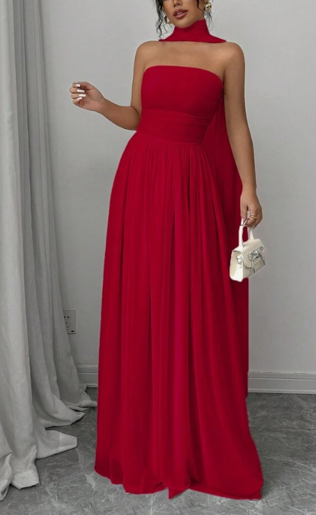 Rotes elegantes schulterfreies langes Chiffon-Ballkleid Abendkleid Hochzeitsgastkleid nv2617