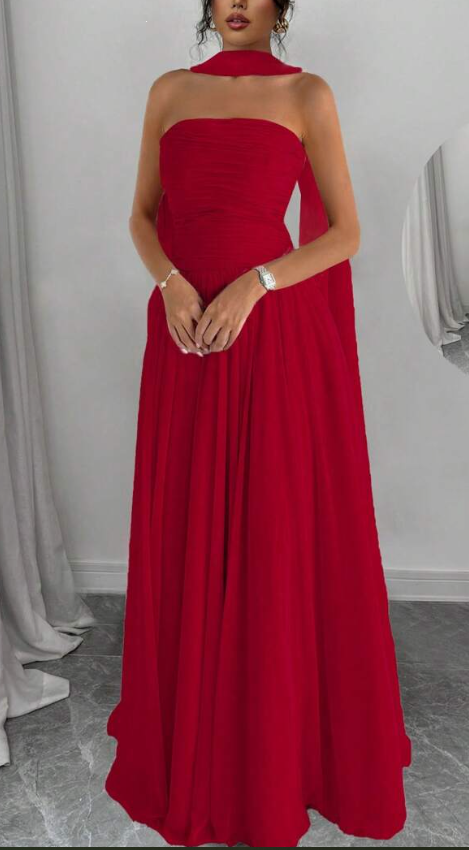Rotes elegantes schulterfreies langes Chiffon-Ballkleid Abendkleid Hochzeitsgastkleid nv2617