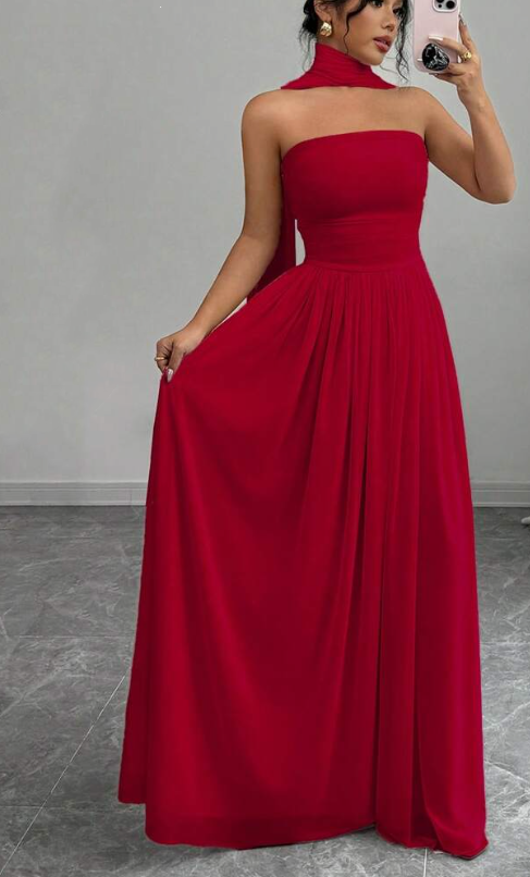 Rotes elegantes schulterfreies langes Chiffon-Ballkleid Abendkleid Hochzeitsgastkleid nv2617