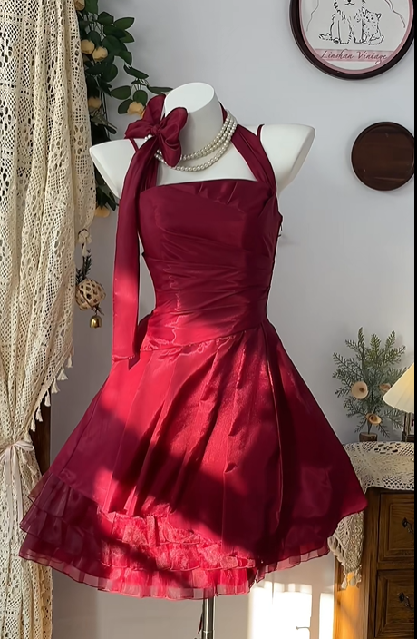 Rotes, modisches, kurzes Satin-Tüll-Heimkehrkleid, Geburtstagskleid, Bankettkleid, Partykleid, nv4557