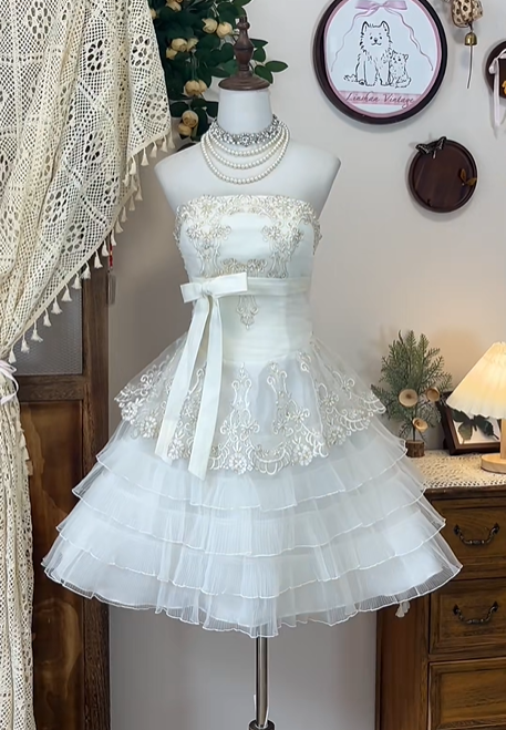 Weißes, modisches, florales Applique-Kurzes Chiffon-Heimkehrkleid, Geburtstagskleid, Bankettkleid, Partykleid, nv4559