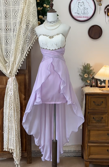 Robe de soirée courte en mousseline de soie, à perles violettes, robe d'anniversaire, robe de banquet, robe de soirée nv4560