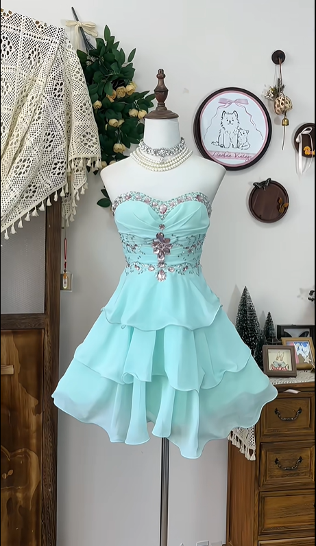 Robe de soirée courte en mousseline de soie vert menthe, à perles, à la mode, pour anniversaire, banquet, fête, nv4561