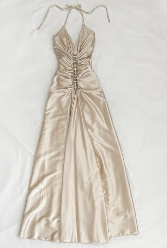 Robe de soirée longue en satin à bretelles et strass, style vintage, couleur champagne doré, nv4582