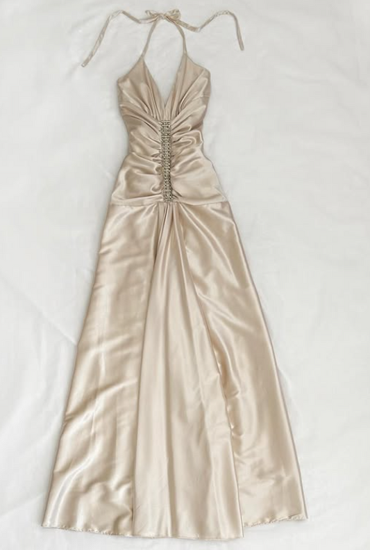 Robe de soirée longue en satin à bretelles et strass, style vintage, couleur champagne doré, nv4582