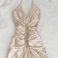 Robe de soirée longue en satin à bretelles et strass, style vintage, couleur champagne doré, nv4582
