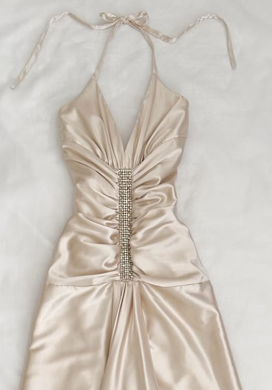 Robe de soirée longue en satin à bretelles et strass, style vintage, couleur champagne doré, nv4582