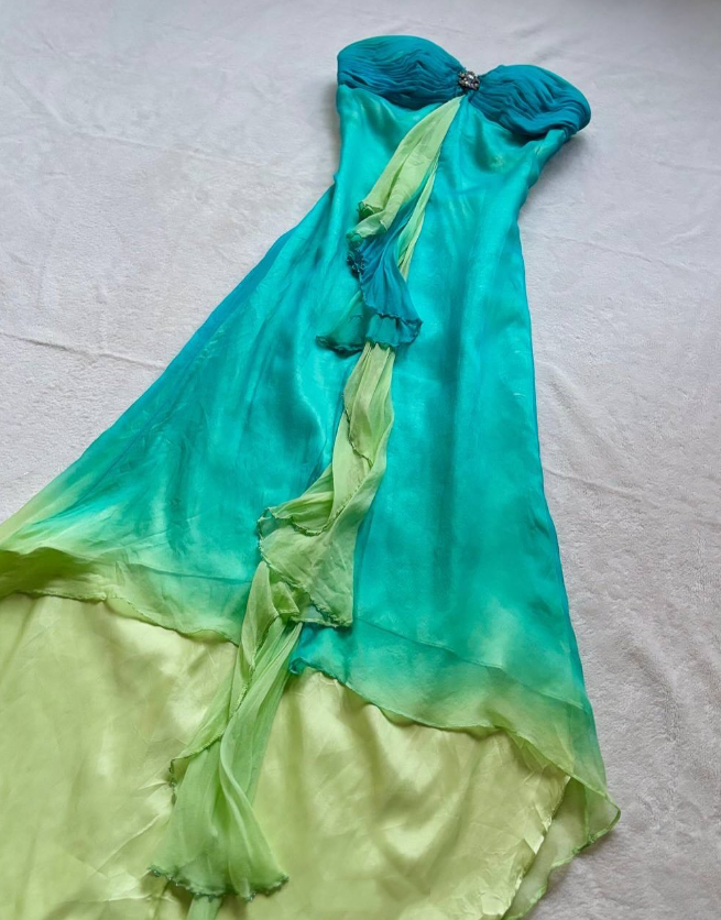 Robe de soirée longue en mousseline de soie, dégradé bleu-vert, exquise, strass, robe de soirée, nv4584