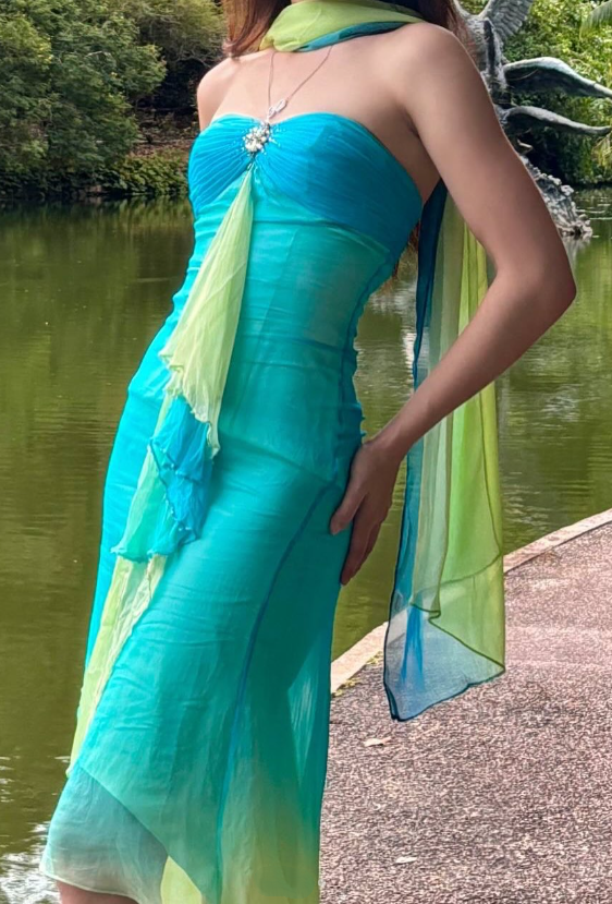 Robe de soirée longue en mousseline de soie, dégradé bleu-vert, exquise, strass, robe de soirée, nv4584