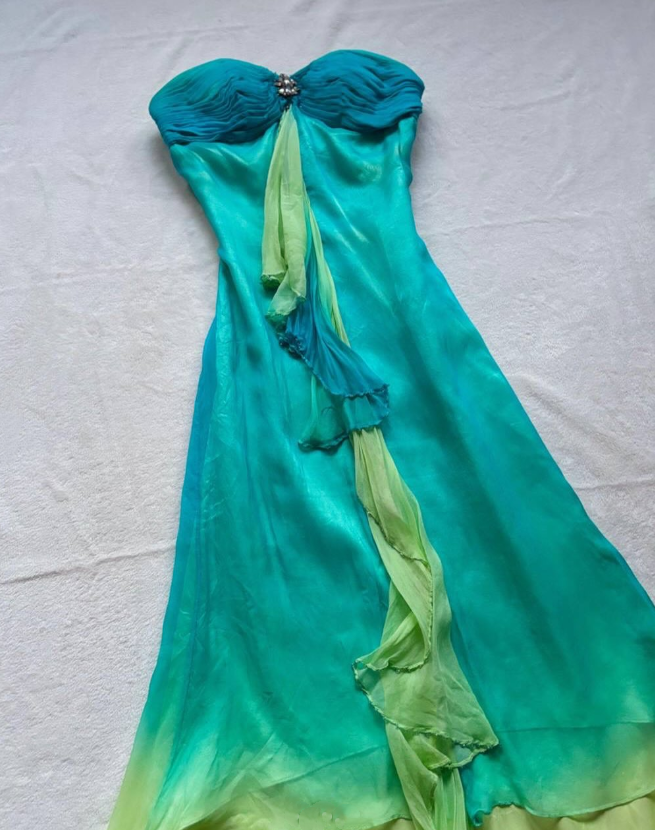 Robe de soirée longue en mousseline de soie, dégradé bleu-vert, exquise, strass, robe de soirée, nv4584