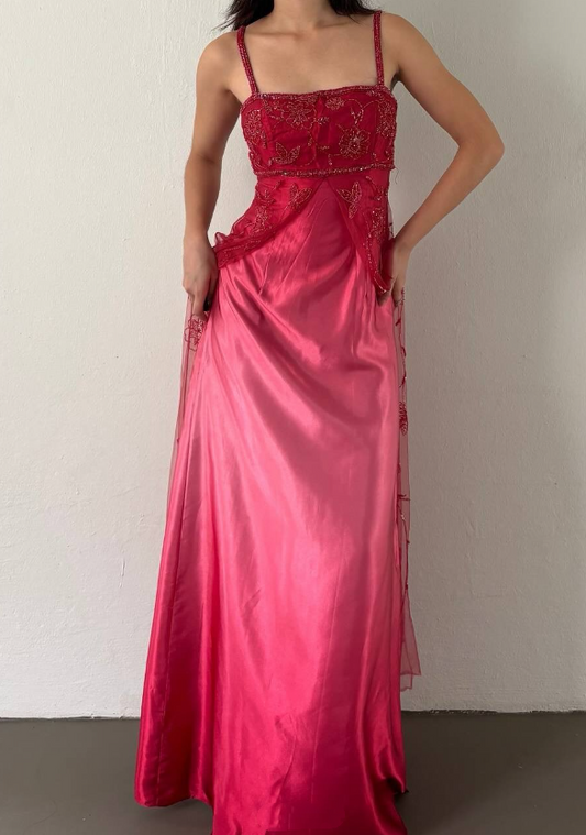 Kirschrot Farbverlauf Retro Mode Exquisite Perlenbesatz Langes Satin Ballkleid Abendkleid Partykleid Ballkleid nv4585