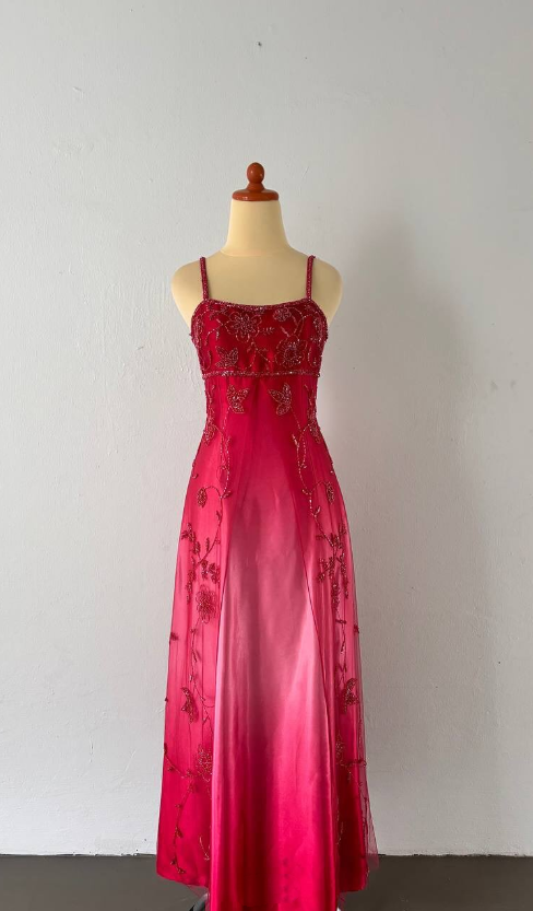 Robe de soirée longue en satin, dégradé rouge cerise, style rétro, avec perles exquises, robe de bal, robe de soirée, robe de bal, nv4585