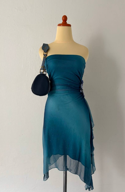Robe de soirée courte en mousseline de soie à strass bleus scintillants nv4587
