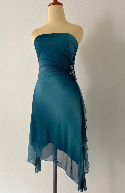 Robe de soirée courte en mousseline de soie à strass bleus scintillants nv4587
