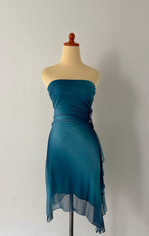 Robe de soirée courte en mousseline de soie à strass bleus scintillants nv4587