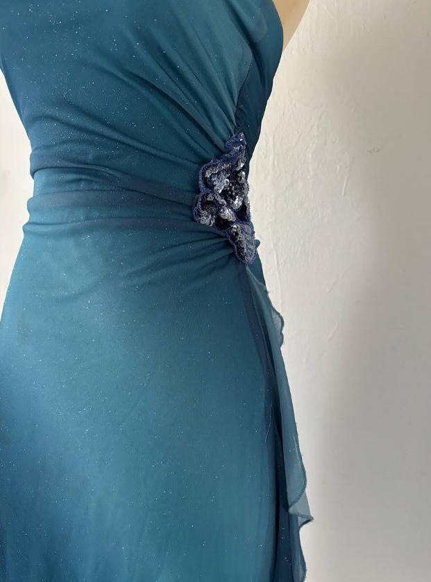 Robe de soirée courte en mousseline de soie à strass bleus scintillants nv4587