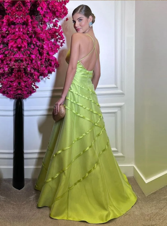 Green Satin V Neck Prom Dress A Line Evening Gown nv1162