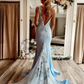 Open Back V Neck Mermaid Blue Floral Long Prom Dresses, Mermaid Blue Formal Evening Dresses with Flowers  nv751