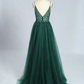 Emerald Green Tulle Prom Dress Beaded V Neck nv764
