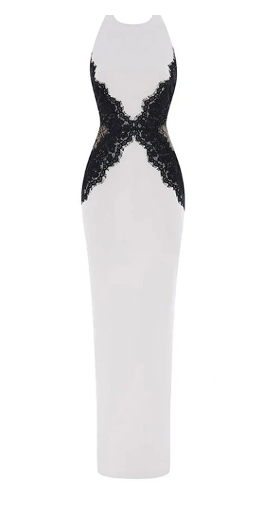 Weiß Schwarz Spitze Langes Satin Ballkleid Abendkleid Partykleid Hochzeitsgastkleid nv4798