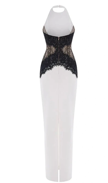 Weiß Schwarz Spitze Langes Satin Ballkleid Abendkleid Partykleid Hochzeitsgastkleid nv4798