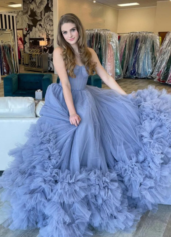 Trägerloses langes Ballkleid aus Tüll, A-Linien-Abendkleid nv1333