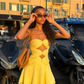 Robe de soirée courte en mousseline de soie jaune à taille dénudée nv4914