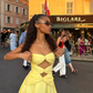Robe de soirée courte en mousseline de soie jaune à taille dénudée nv4914