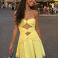 Robe de soirée courte en mousseline de soie jaune à taille dénudée nv4914
