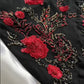 Robe de soirée longue en mousseline de soie, ornée de perles et de fleurs roses, style exquis, noire, nv5368