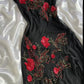 Robe de soirée longue en mousseline de soie, ornée de perles et de fleurs roses, style exquis, noire, nv5368