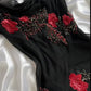 Robe de soirée longue en mousseline de soie, ornée de perles et de fleurs roses, style exquis, noire, nv5368