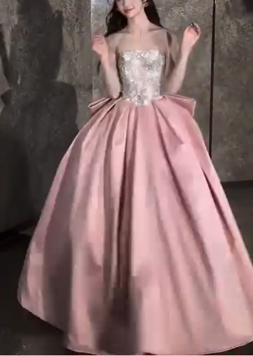 Robe de soirée longue en satin rose scintillant nv4865