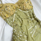 Robe de soirée longue en mousseline de soie et dentelle florale, verte, ornée de perles, nv5135