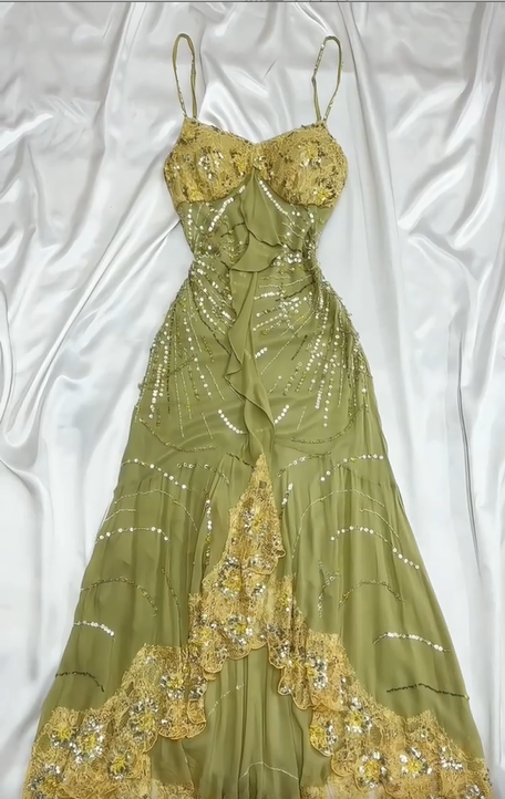 Robe de soirée longue en mousseline de soie et dentelle florale, verte, ornée de perles, nv5135