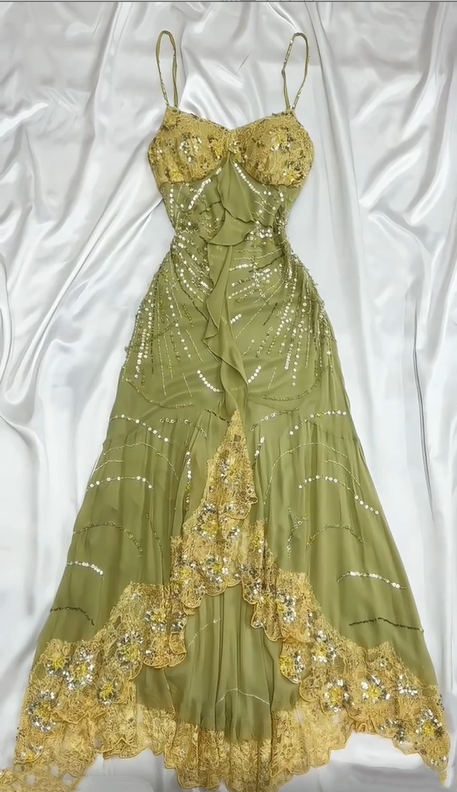 Robe de soirée longue en mousseline de soie et dentelle florale, verte, ornée de perles, nv5135