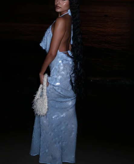 Blaues rückenfreies, langes, modisches und elegantes Ballkleid mit Pailletten, Partykleid nv5186