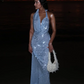 Blaues rückenfreies, langes, modisches und elegantes Ballkleid mit Pailletten, Partykleid nv5186