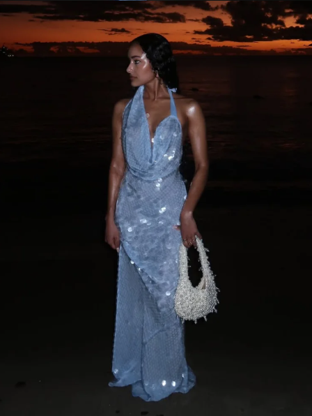 Blaues rückenfreies, langes, modisches und elegantes Ballkleid mit Pailletten, Partykleid nv5186