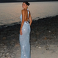 Blaues rückenfreies, langes, modisches und elegantes Ballkleid mit Pailletten, Partykleid nv5186