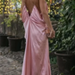 Rosa Mode V-Ausschnitt elegante lange Satin Ballkleid Brautjungfer Kleid Hochzeit Gast Partykleid nv5214