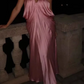 Rosa Mode V-Ausschnitt elegante lange Satin Ballkleid Brautjungfer Kleid Hochzeit Gast Partykleid nv5214