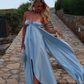 Robe de soirée longue en satin bleu à bretelles élégantes et épaules dénudées nv5215