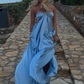 Robe de soirée longue en satin bleu à bretelles élégantes et épaules dénudées nv5215