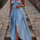 Robe de soirée longue en satin bleu à bretelles élégantes et épaules dénudées nv5215