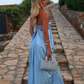 Robe de soirée longue en satin bleu à bretelles élégantes et épaules dénudées nv5215